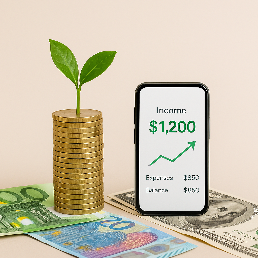 Image évoquant le thème de l’argent et du digital, avec des éléments modernes comme un ordinateur portable, des pièces de monnaie, des billets, un carnet de notes et une ambiance lumineuse. Représente les revenus en ligne, les finances et l’indépendance.