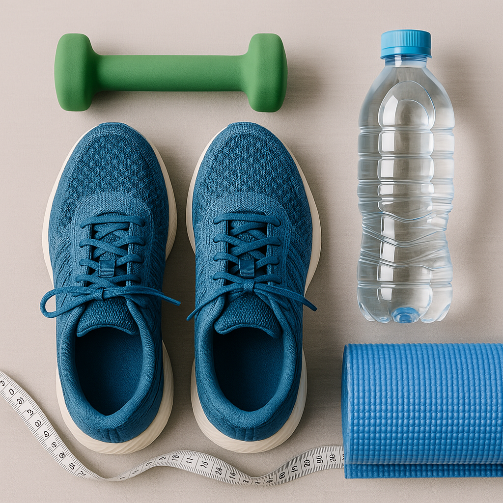 Image représentant la catégorie sport, avec équipements de fitness comme haltères, corde à sauter, bouteille d’eau et chaussures de sport, sur fond clair. Évoque l’entraînement, la motivation et une hygiène de vie active.