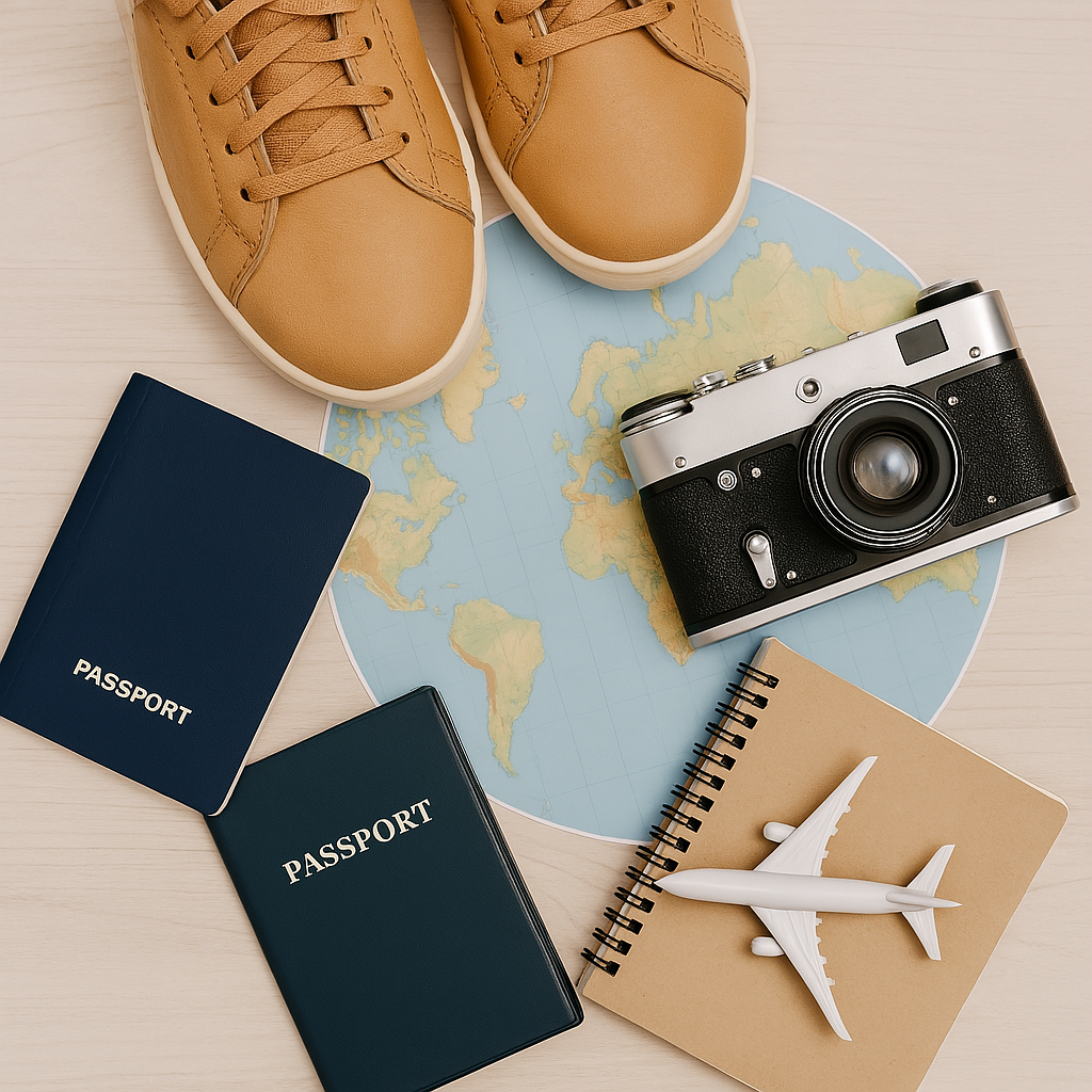 Image à plat d’accessoires de voyage : carte du monde, passeport, appareil photo, lunettes de soleil, billets d’avion et carnet. Évoque l’aventure, la découverte et les guides pratiques pour voyager.
